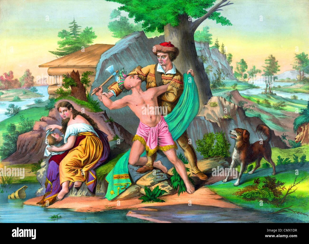 Vintage print depicting American frontiersman Daniel Boone (1734 - 1820) protecting his family from Indians. Stock Photo