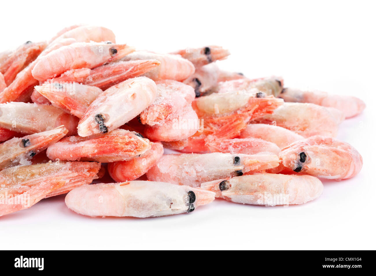 Pile of boiled shrimps, closeup on white background Stock Photo