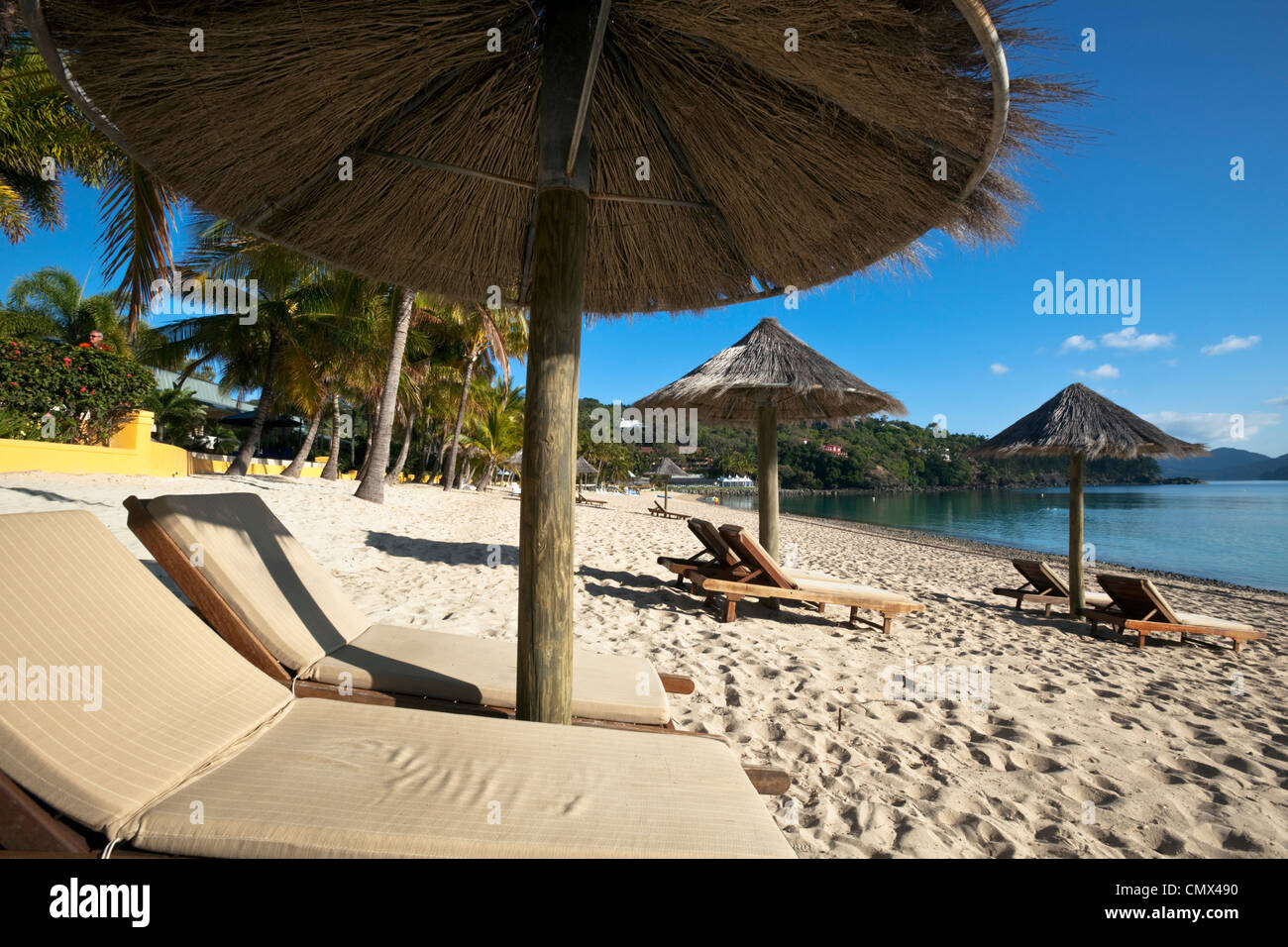 Sun lounges and beach umbrellas on Catseye Beach. Hamilton Island ...