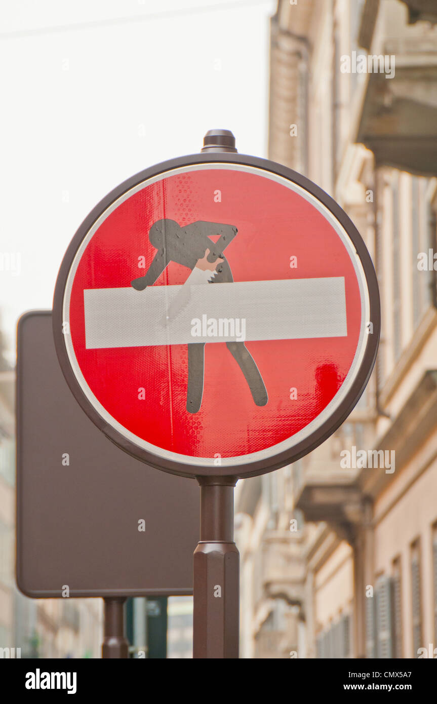 An Italian 'No entry' road with an arty graphic added to it Stock Photo