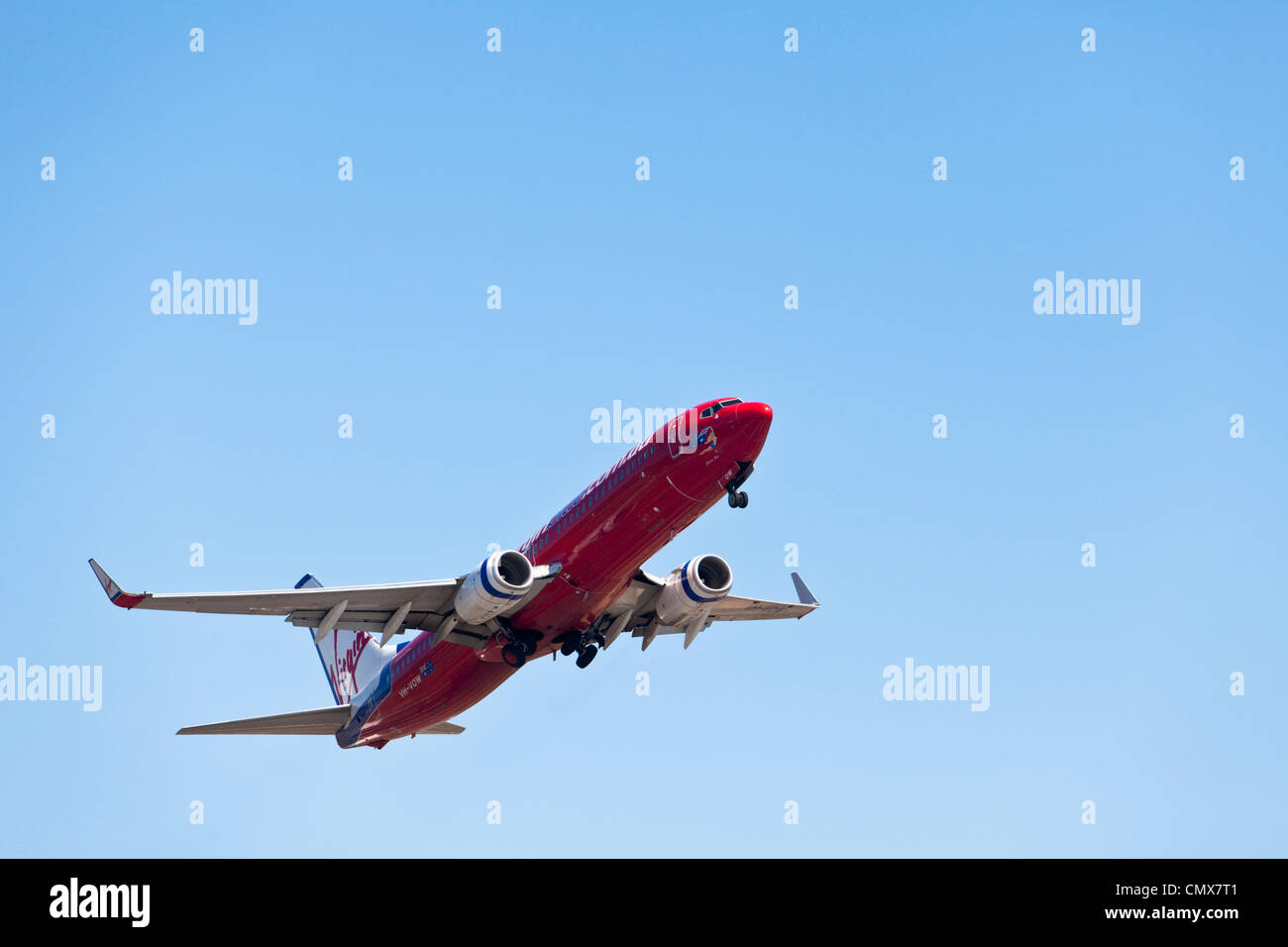 Virgin Blue Airlines aircraft taking off from airport. Hamilton Island, Whitsundays, Queensland, Australia Stock Photo