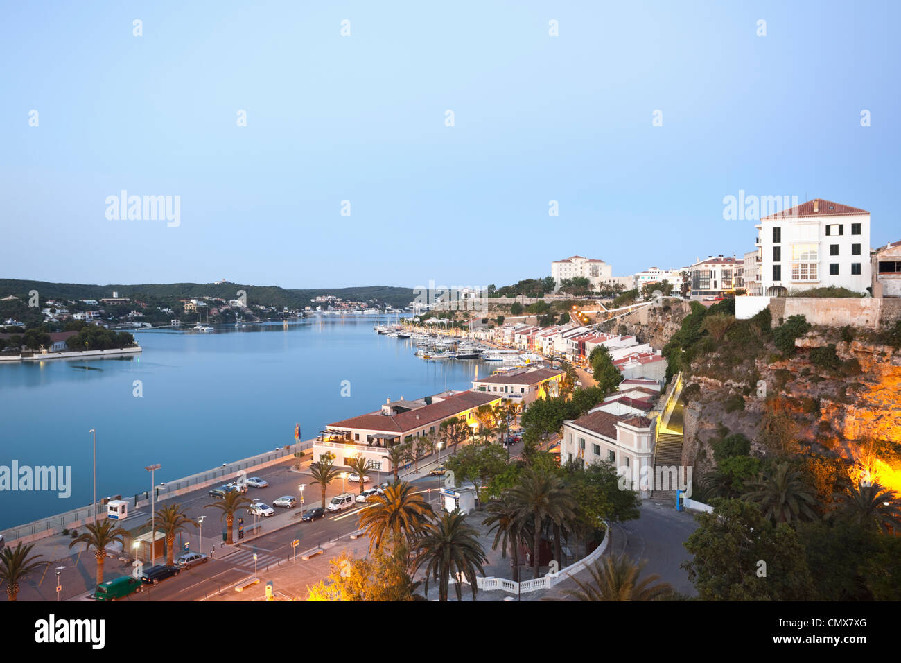 Spain Menorca Mahon View Of Harbour Entrance At Evening Stock Photo