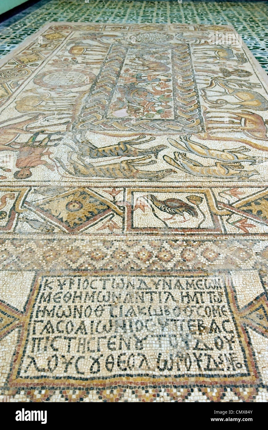 View inside of the museum at Libya of the largest mosaic that was found in the northern aisle of the Eastern Church. Stock Photo