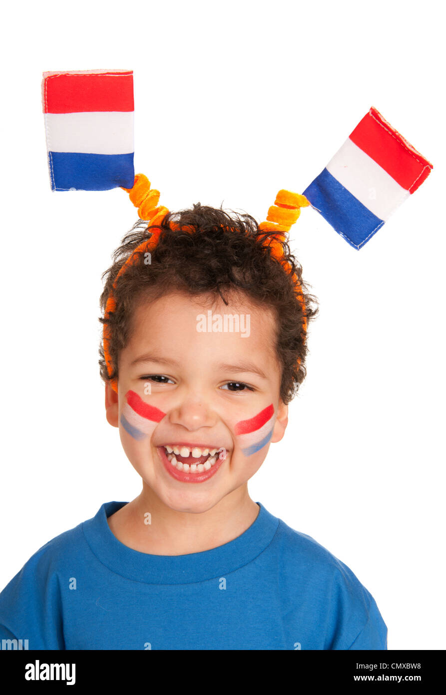 Dutch child dressed in red white and blue as soccer fan Stock Photo Alamy