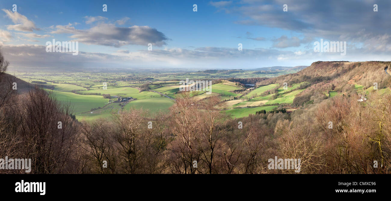 Panoramic landscape view of Sutton Bank, Lake Gormire and the Vale of York. Stock Photo