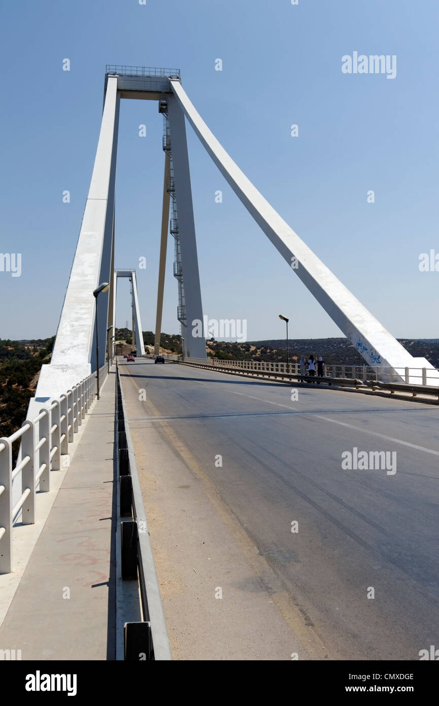 View of the cable stayed road bridge that crosses a section of the Wadi Al Kuf or Green mountain ear Al Bayda. Stock Photo