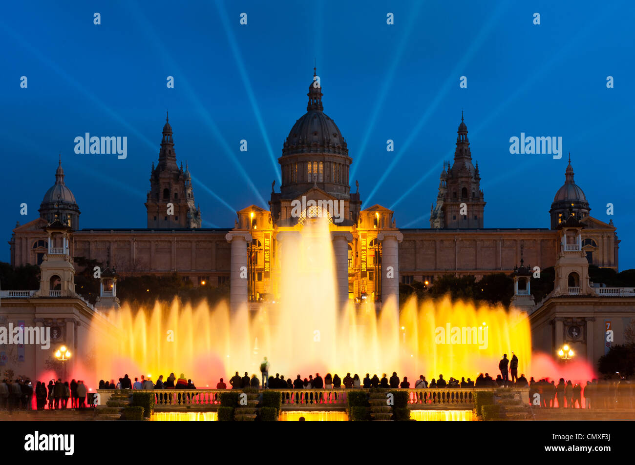 Font Magica or Magic Fountain with Palau Nacional in the background, Barcelona, Catalonia, Spain Stock Photo
