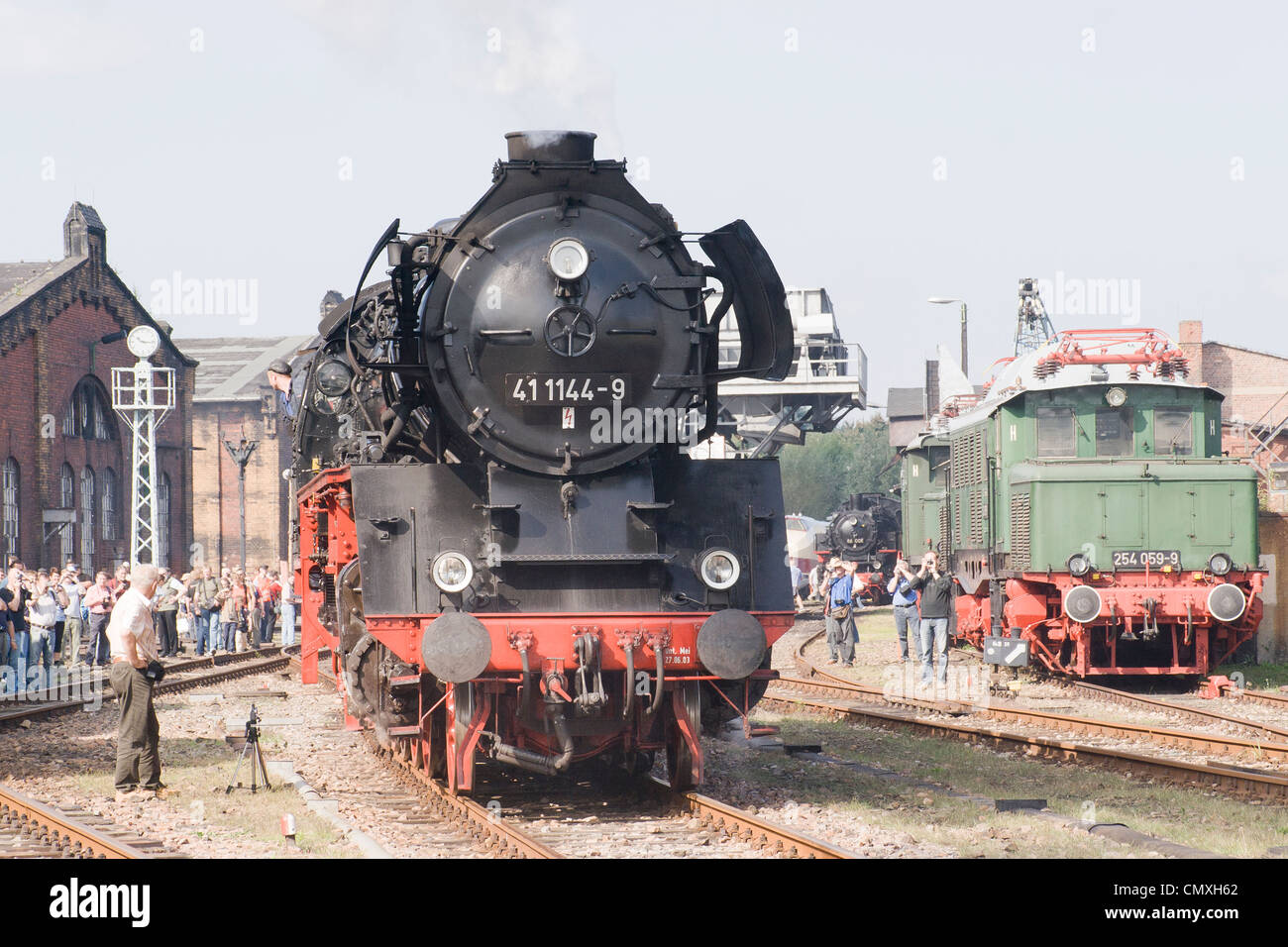 A German steam locomotive at Hilbersdorf Steam Shed near Chemnitz, Germany Stock Photo