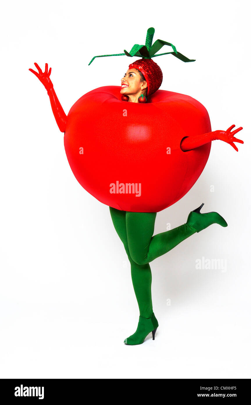 Woman in fancy dress costume, dressed as a tomato Stock Photo Alamy