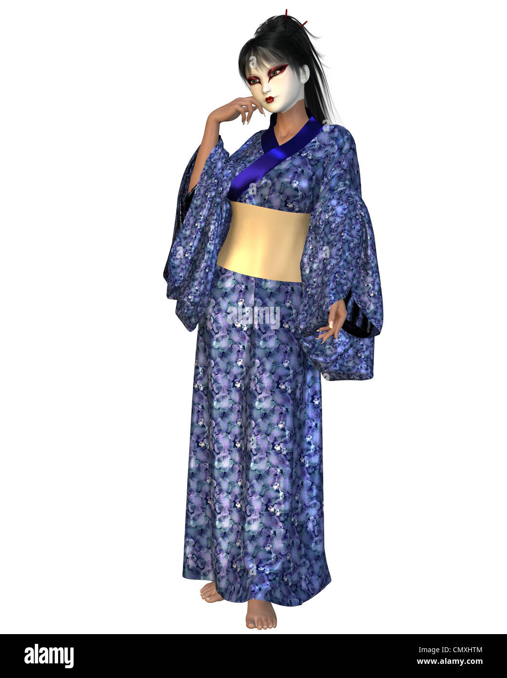 Geisha in Blue Flower Kimono Stock Photo - Alamy