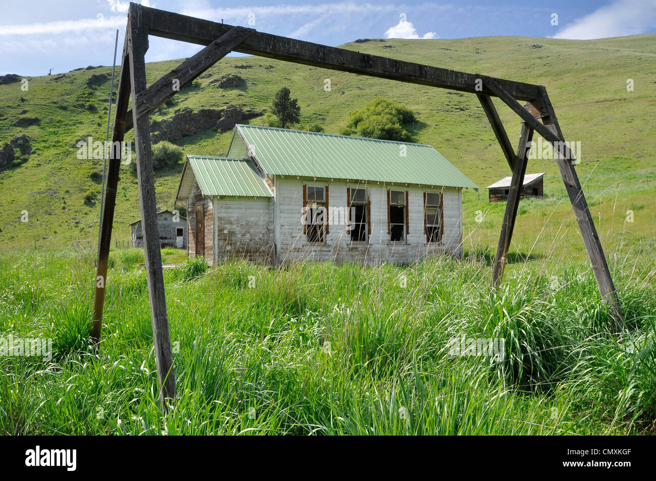 The old Lewis School in the Chesnimus area of Wallowa County in Northeast Oregon. Stock Photo
