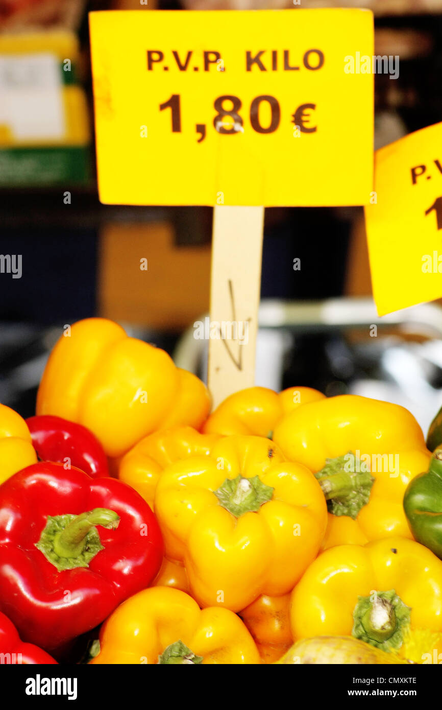 Yellow and red bell peppers for sale in a market in Gran Canaria, Spain ...