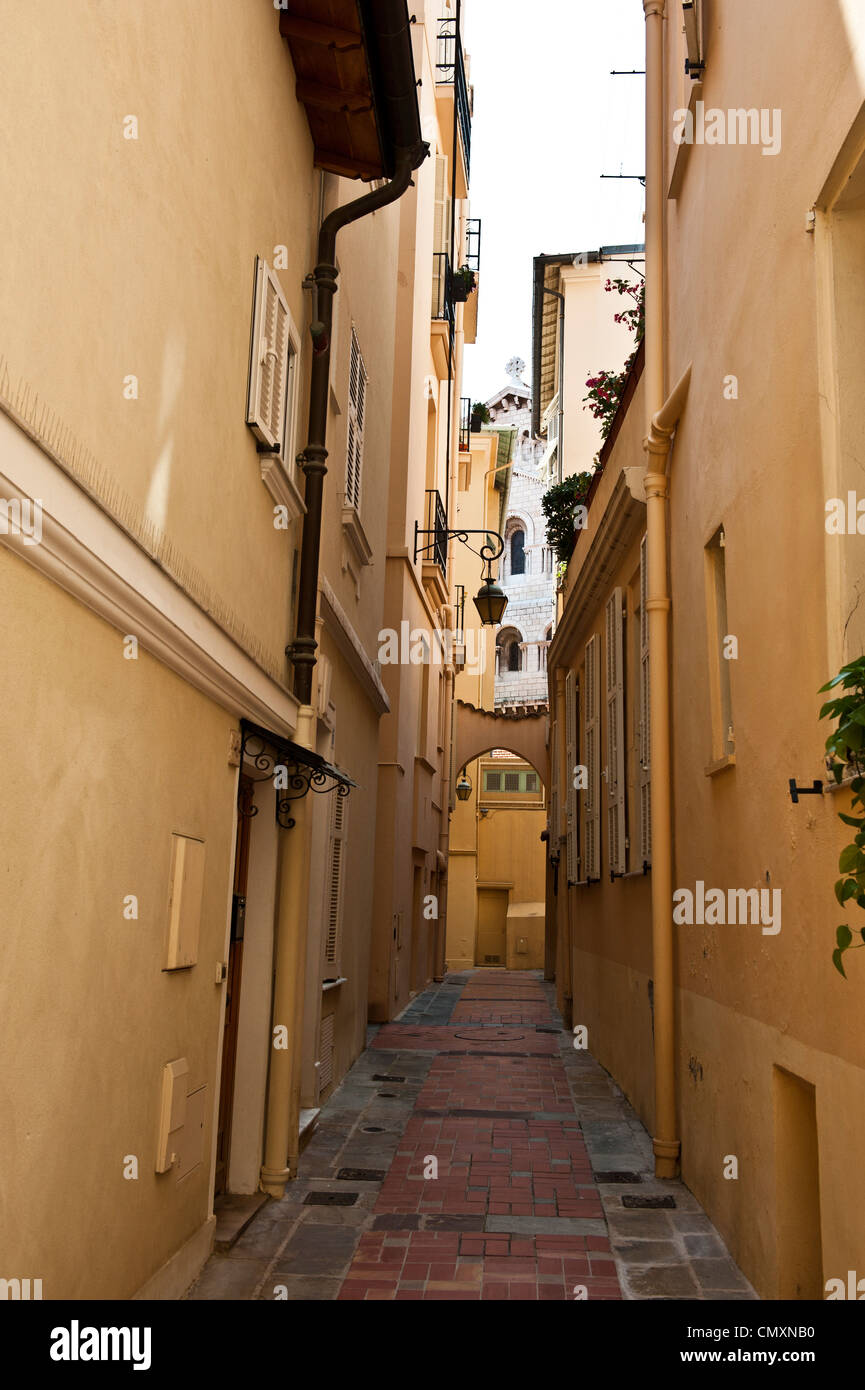 A long shot of a private walkway outside of apartment buildings in Monaco. Stock Photo