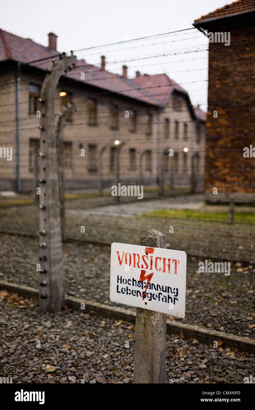 Danger of electrocution warning sign at Auschwitz concentration camp, Poland Stock Photo