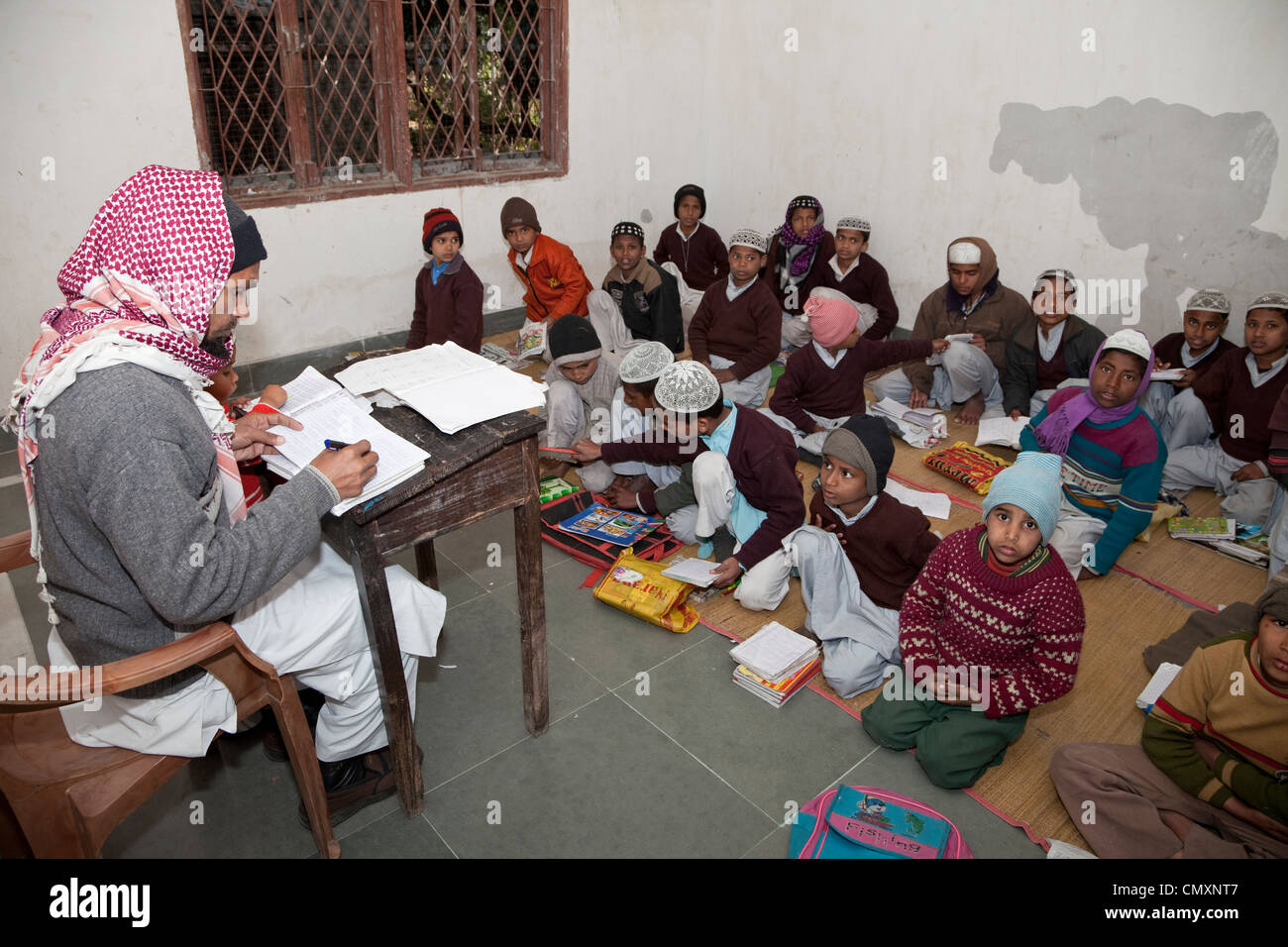 Madrasa Students in Classroom, Madrasa Imdadul Uloom, Dehradun, India. Stock Photo