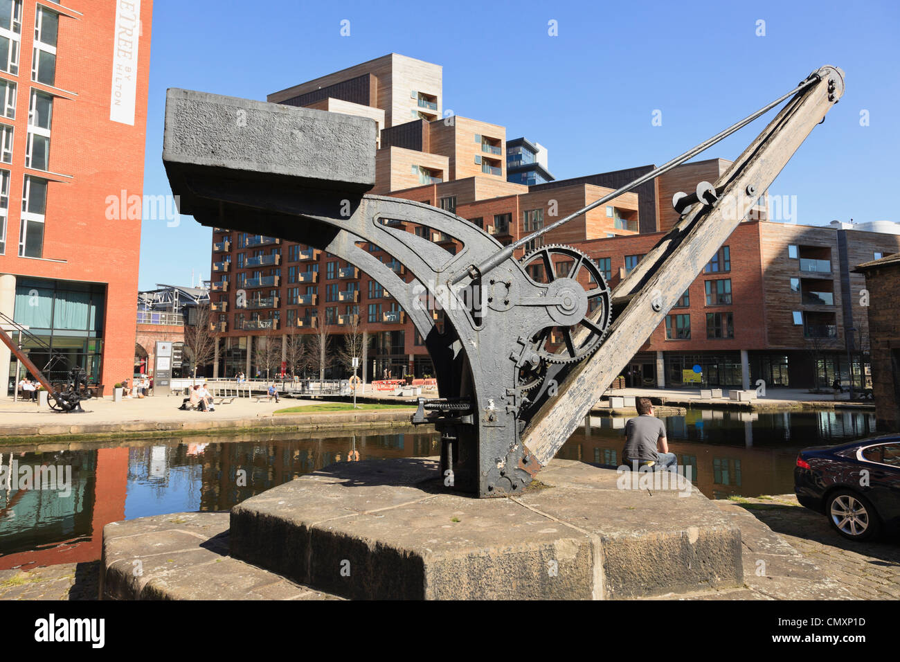 Industrial artifact by the Leeds and Liverpool canal in the redeveloped Waterfront. Granary Wharf, Leeds, Yorkshire, England, UK. Stock Photo