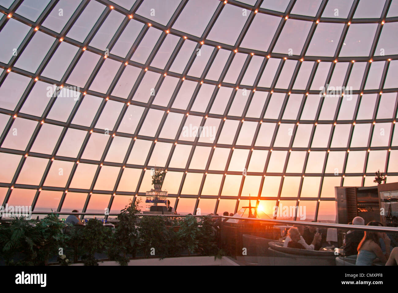 Sunset, glass cupola building, La Perla, Restaurant, Reykjavik, Iceland, Europe Stock Photo