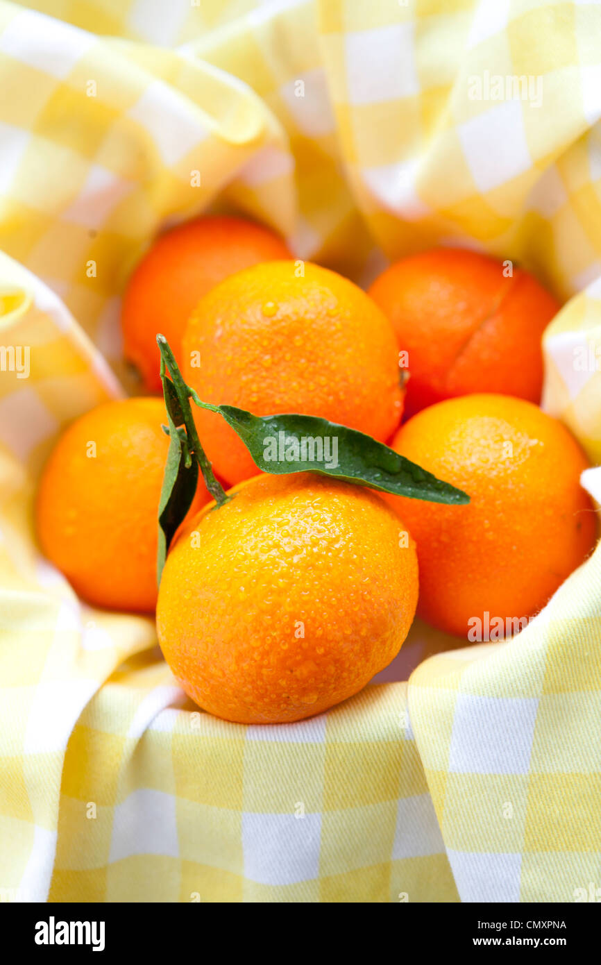 Satsumas photographed on yellow gingham and hessian. One satsuma has