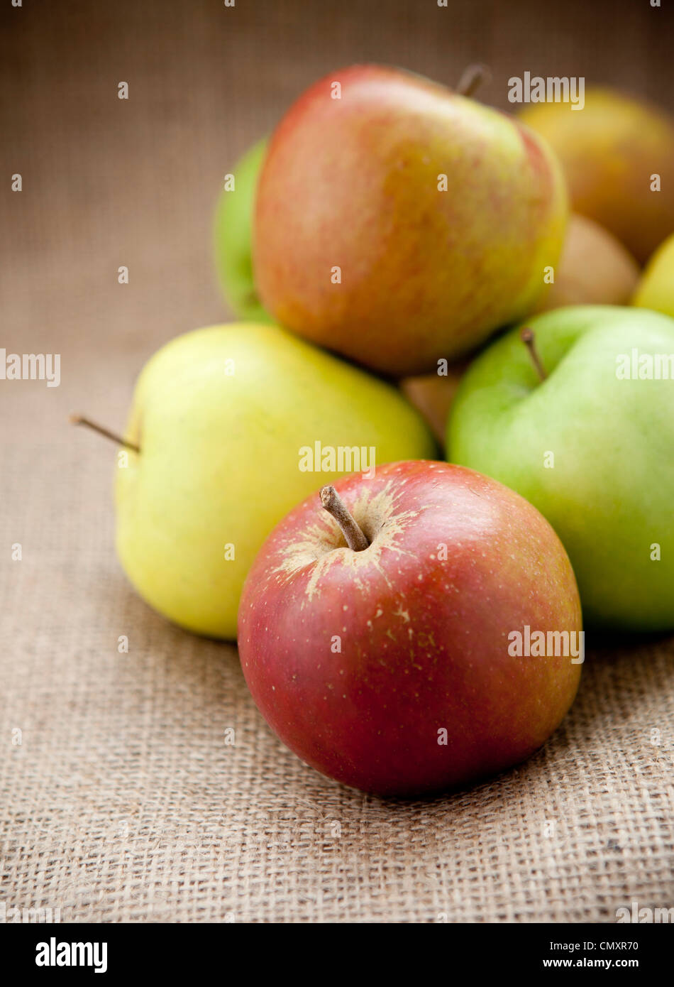 Apples on a hessian sack in natural light. Selection of fruit including Cox, Braeburn, Granny Smith, Golden Delicious, Jazz. Stock Photo