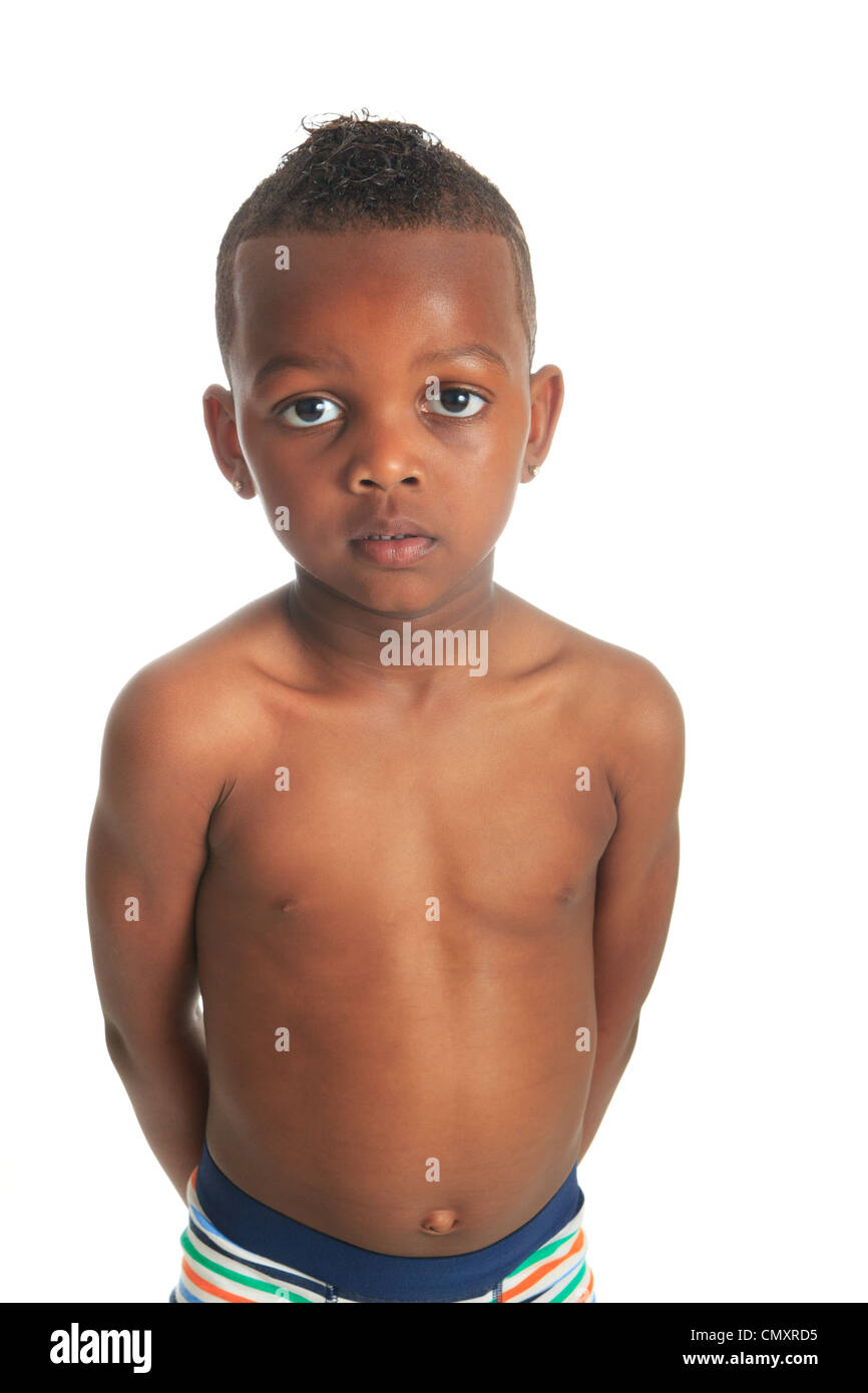 African American child shirtless black curly hair isolated metisse