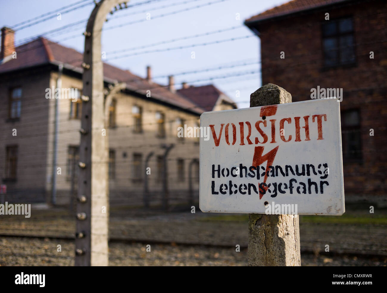 Danger of death warning sign at Auschwitz concentration camp, Poland Stock Photo