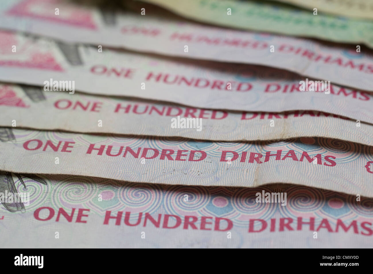 dirhams dirham notes cash currency United arab emirates UAE one hundred dirhams notes Stock Photo