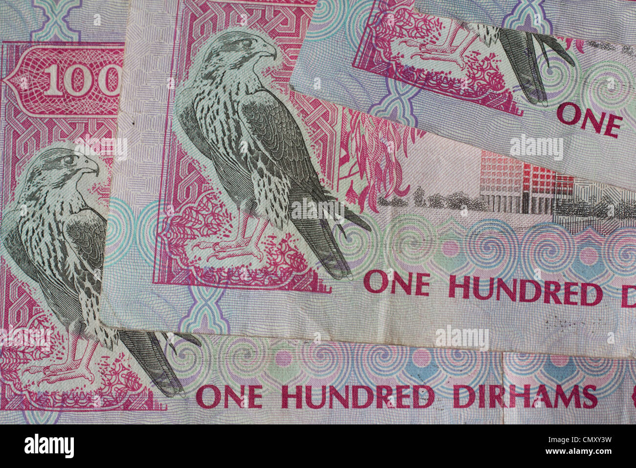 dirhams dirham notes cash currency United arab emirates UAE one hundred dirhams notes Stock Photo