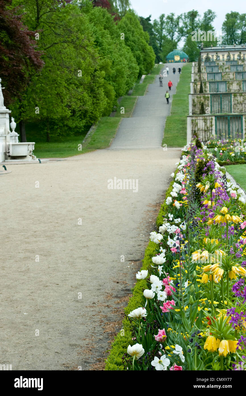A long shot of a colorful garden walking path. Stock Photo