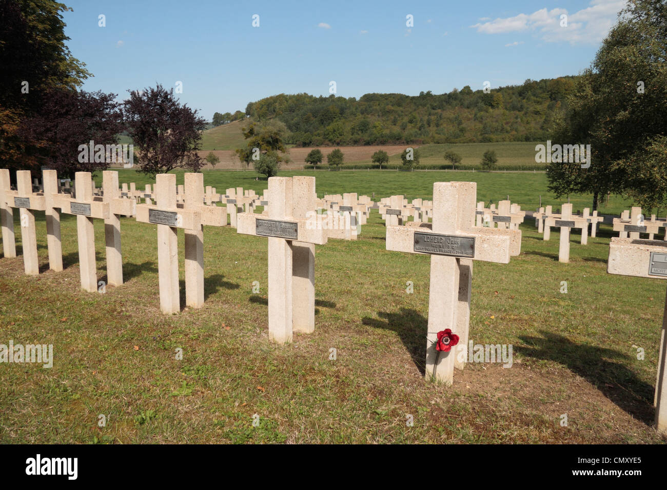 Graves in the Necropolis Nationale Les Éparges (also known as the French National Cemetery du Trottoir), Les Eparges, France. Stock Photo