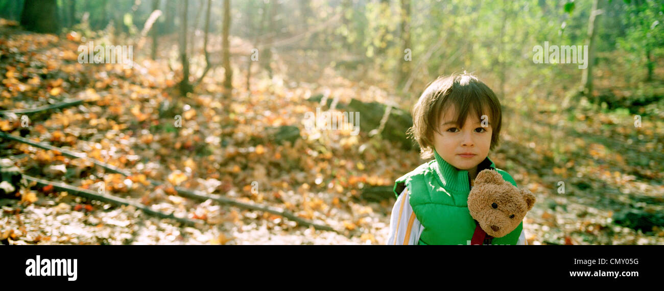 Little boy with a teddy bear in a forest in autumn, Montreal, Quebec ...