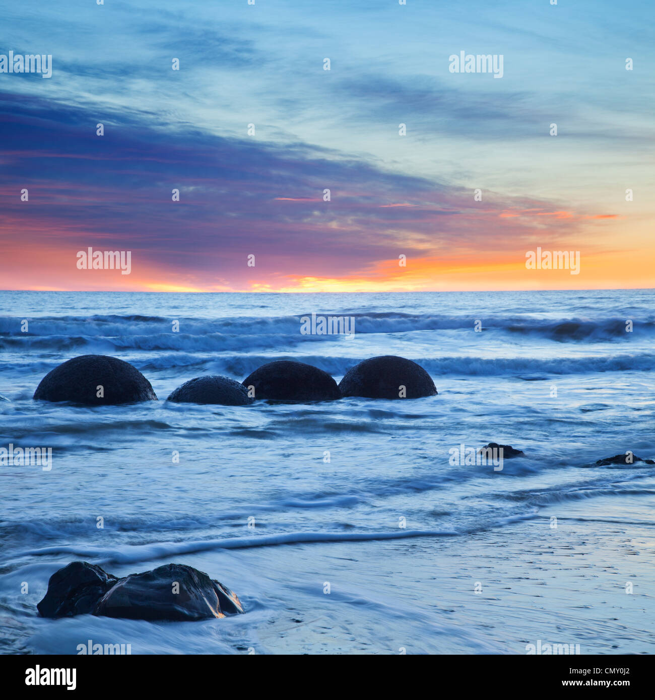 Moeraki Boulders at Dawn, Otago, New Zealand. Stock Photo