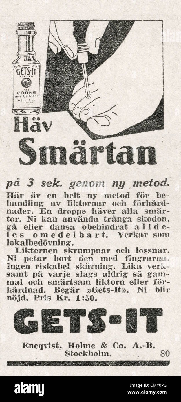 Swedish advertisement from 1930. Gets-It Corn and Callus Remover. EDITORIAL USE ONLY! Stock Photo