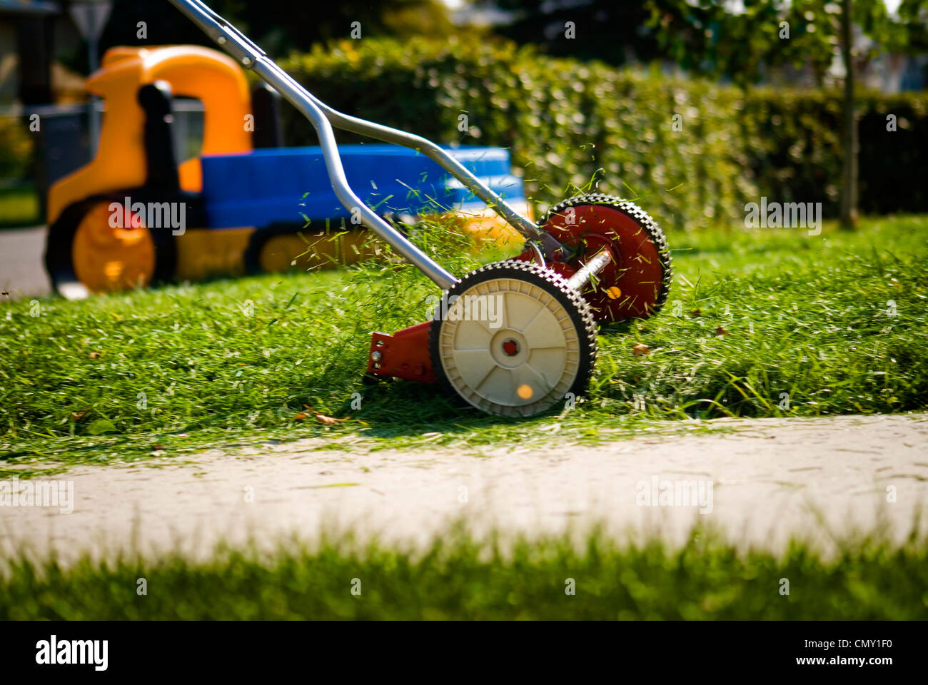 Push mower, emission free way to cut grass Stock Photo Alamy