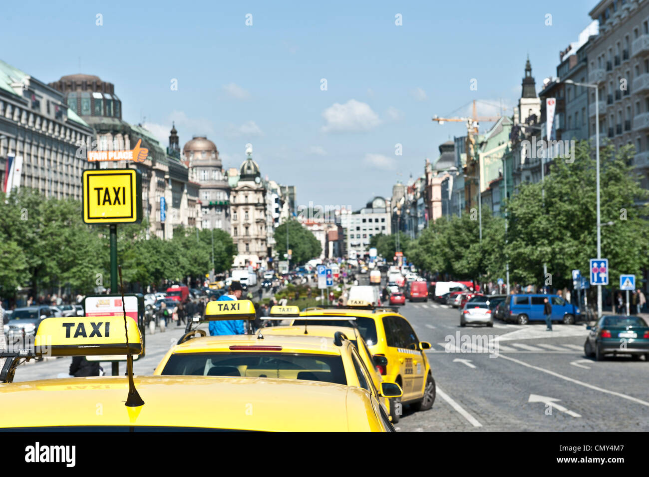 Yellow taxi strip on the streets of Praha-Nové Mesto, Czech Republic. Stock Photo