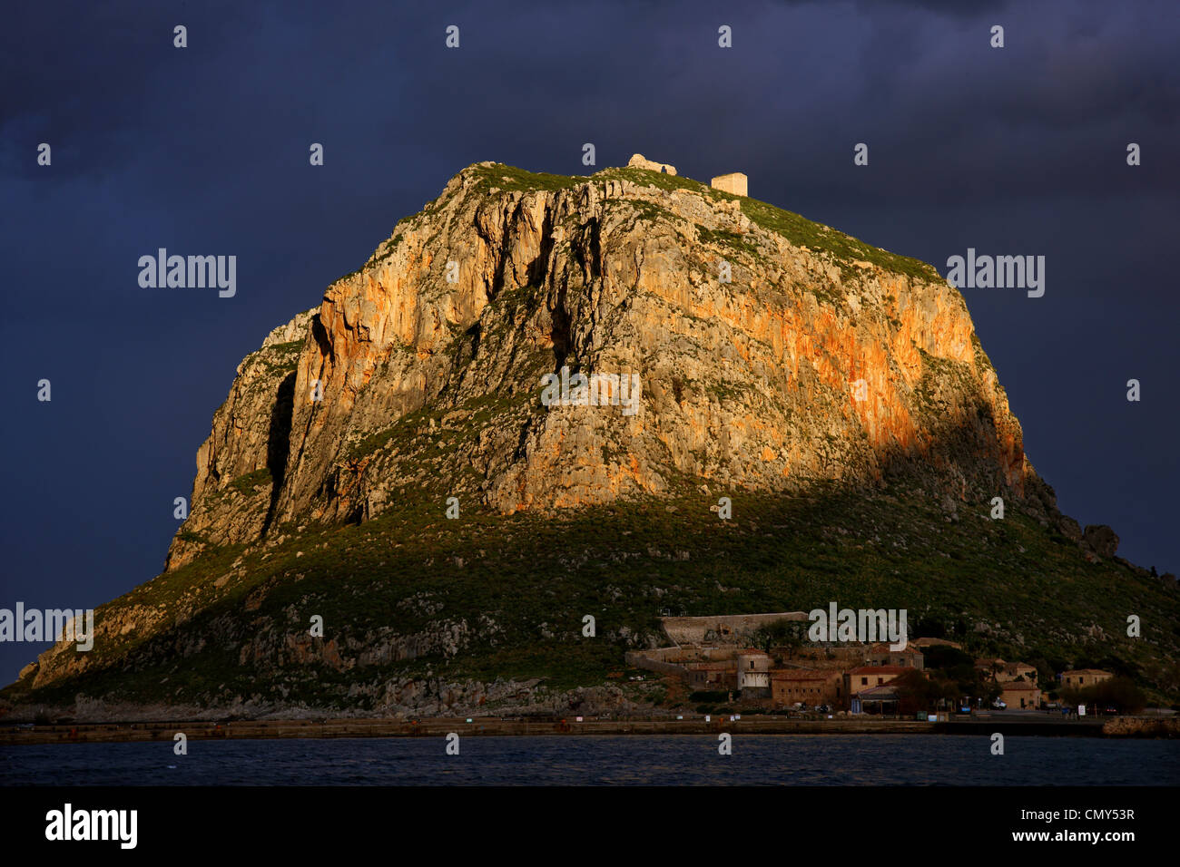 The 'backside' of the rock of Monemvasia. You can see why they call it the 'Greek Gibraltar'. Lakonia, Greece Stock Photo