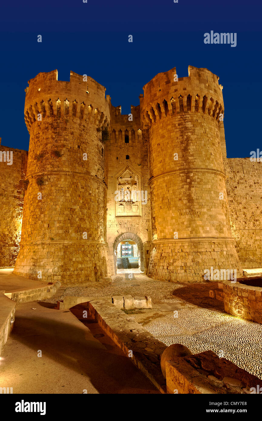 Medieval St Catherine&rsquo;s Gate towers of Rhodes old town. Rhodes Island