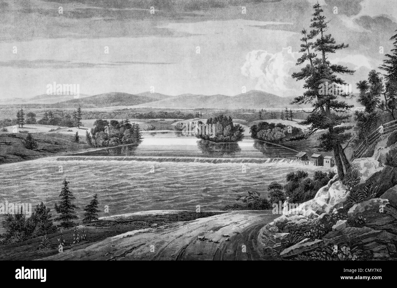 View near Sandy Hill, New York, Hudson River, circa 1825 Stock Photo