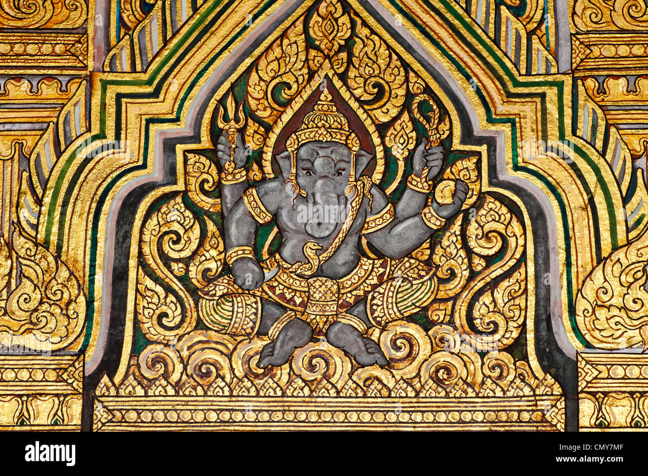 Ganesh, The Indian God, Vintage traditional Thai style art painting on temple. Stock Photo