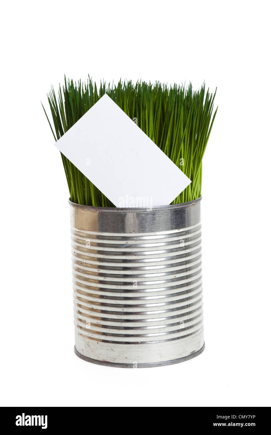 Green grass and metal can, concept of Environmental Conservation Stock Photo