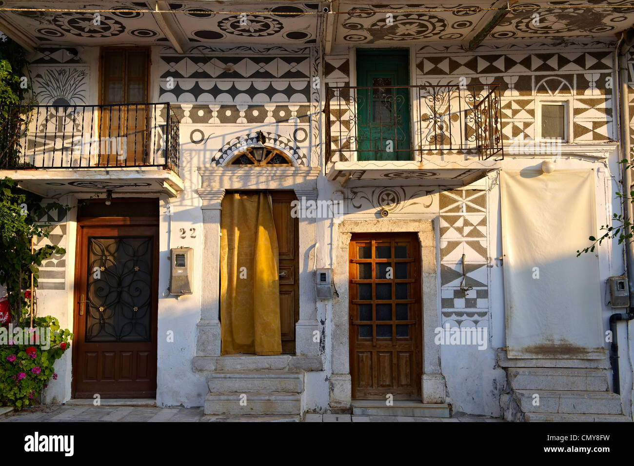 Xysta decorations on the houses of Pygri, Mastic Village of southern Chios Island, Greece Stock Photo