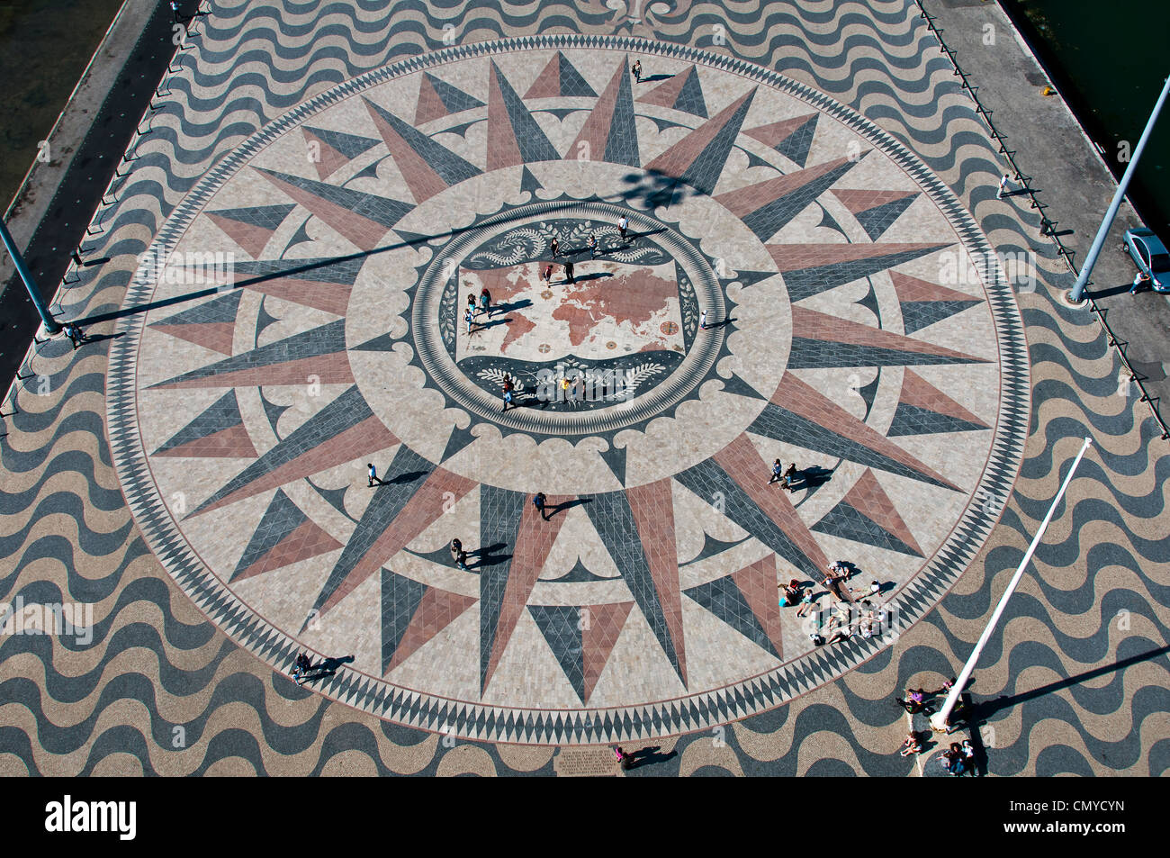 The compass rose and mappa mundi as seen from the top of Monument to the Discoveries, Belém, Lisbon, Portugal Stock Photo