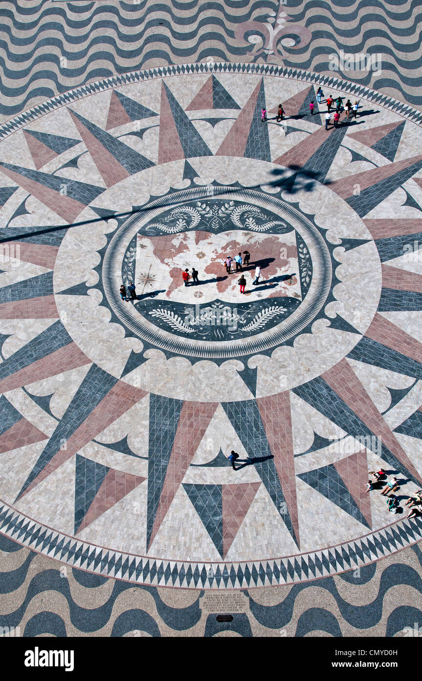 The compass rose and mappa mundi as seen from the top of Monument to the Discoveries, Belém, Lisbon, Portugal Stock Photo