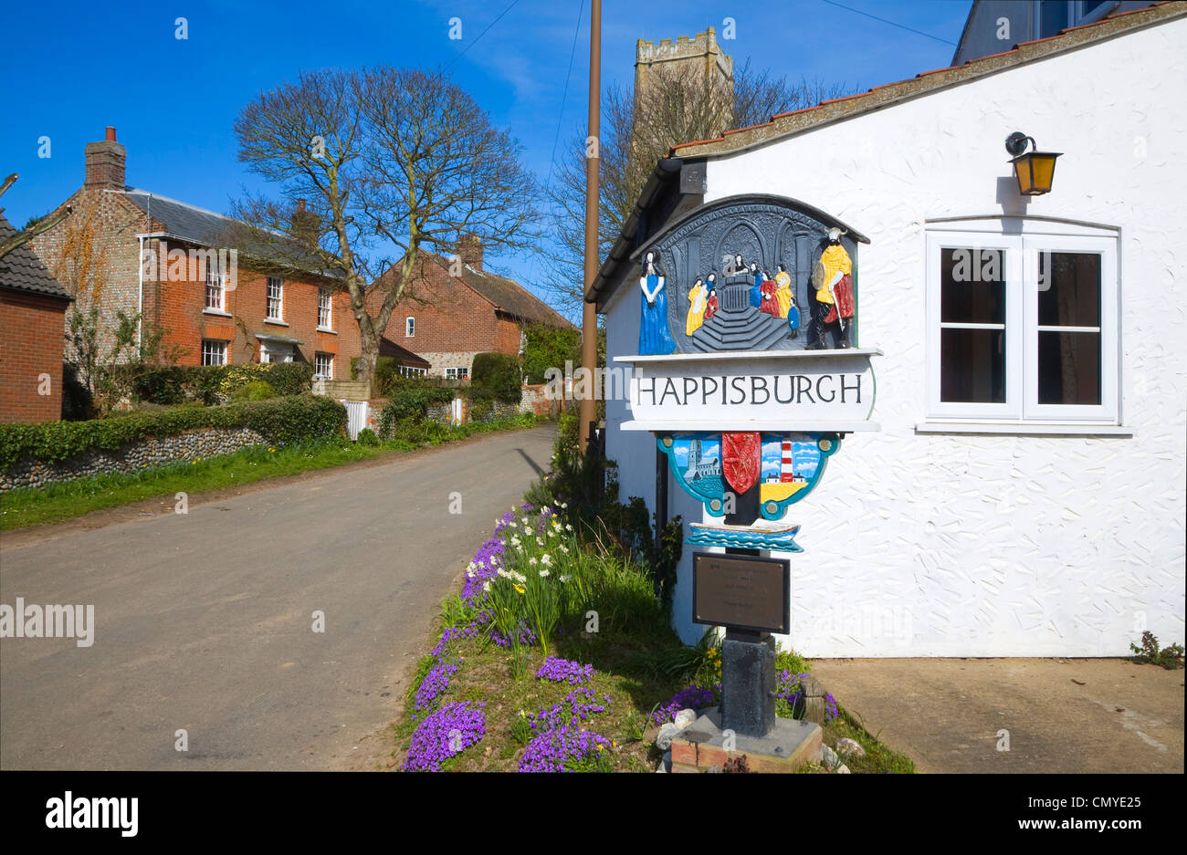 Village sign and buildings, Happisburgh, Norfolk, England Stock Photo