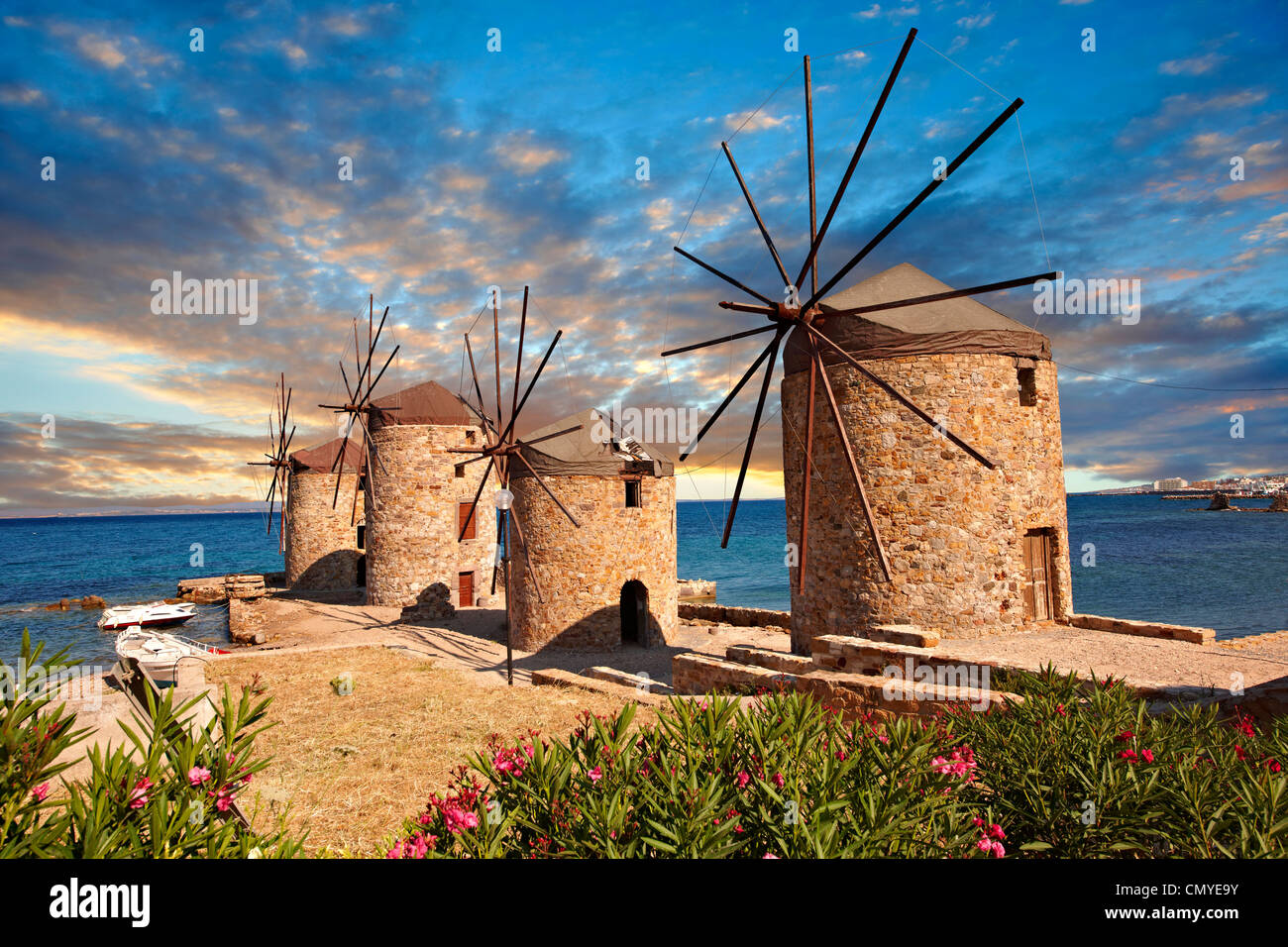 Windmills in Chios Chora. Chios Chios Island, Greece. Stock Photo
