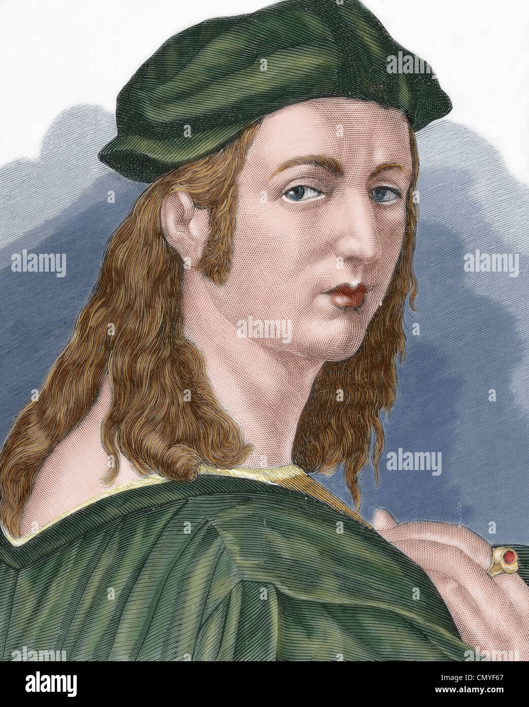 Raphael (1483-1520). Italian painter and architect of the High Renaissance. Portrait. Colored engraving. Stock Photo