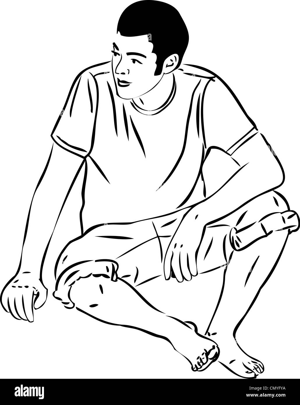 a sketch barefoot boy sits leaning on the arm Stock Photo