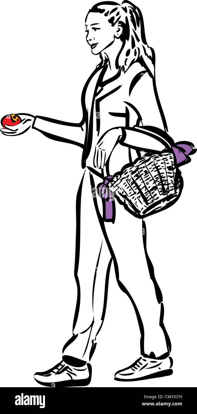 sketch of a girl with a basket and an apple in his hand Stock Photo Alamy
