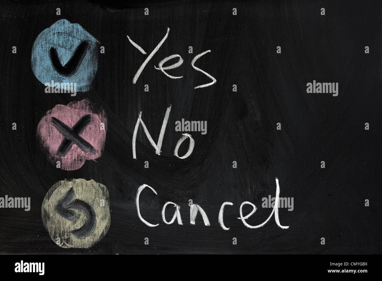 Chalk drawing - Yes, no or cancel Stock Photo