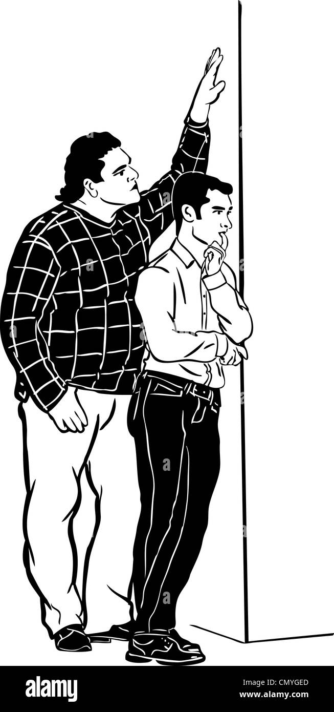 sketch of the two guys watching from the corner Stock Photo