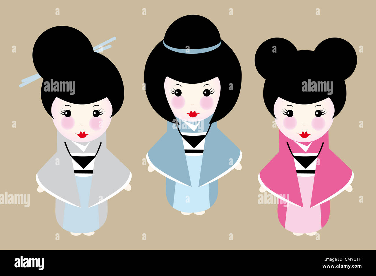 Cute Japanese Dolls With Different Hairstyles Stock Photo